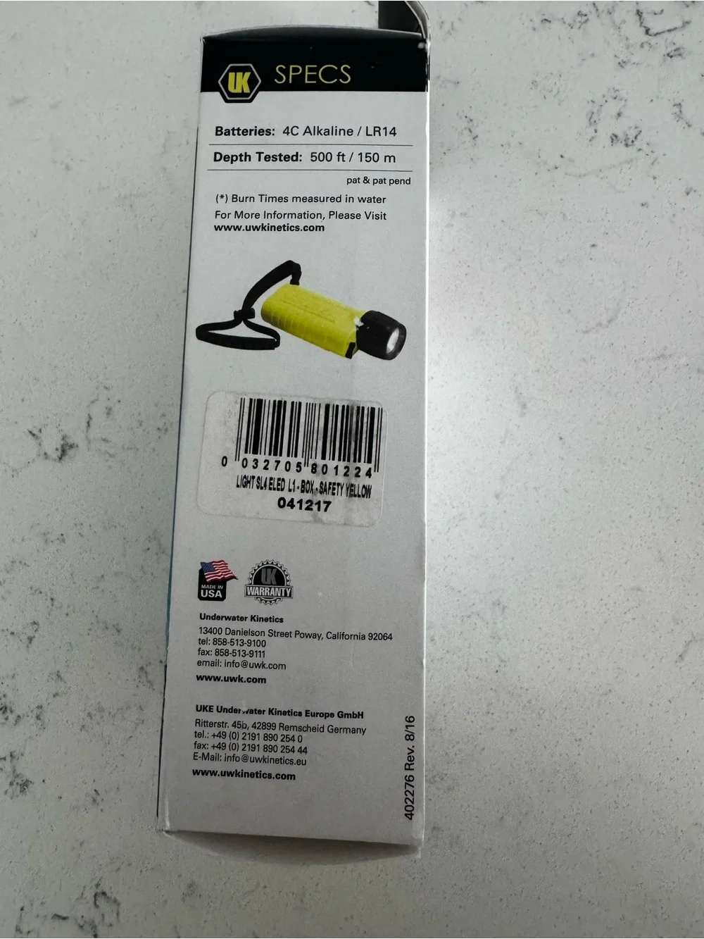 Underwater Kinetics SL4 eLED L1 Dive Light 400 Lumens Yellow NIB
